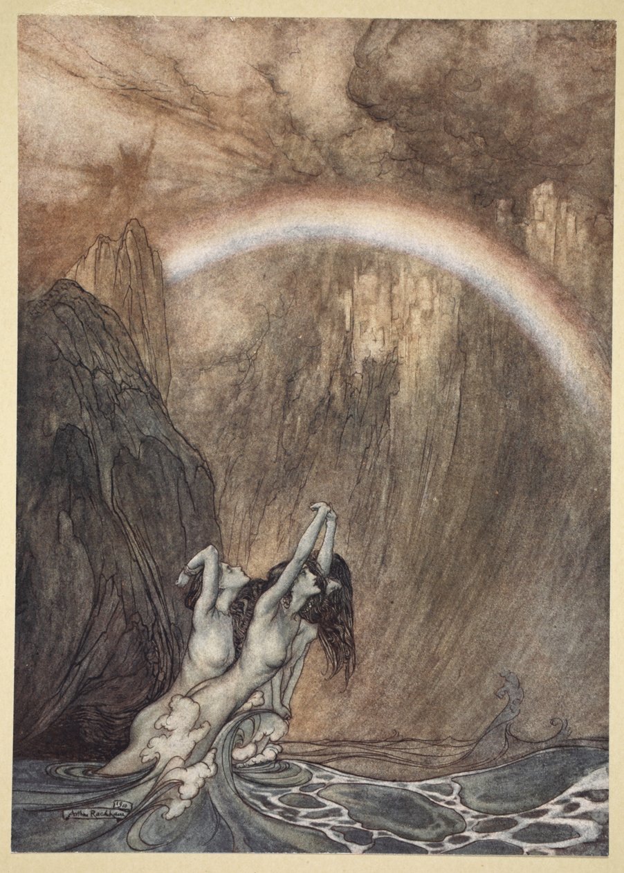 1910年，莱茵河的孩子们，为他们丢失的金子，哭泣，插图来自&39;The Rhinegold and the Valkyrie&39; 作者 亚瑟·拉克汉姆（Arthur Rackham）