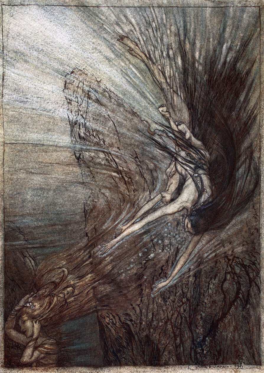 Rhinemaidens的嬉戏，来自&39;The Rhinegold and the Valkyrie&39;的插图，1910年 作者 亚瑟·拉克汉姆（Arthur Rackham）