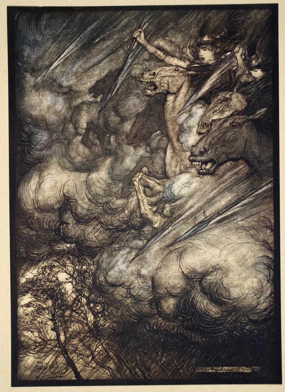 Valkyries的骑行，插图来自&39;The Rhinegold and the Valkyrie&39;，1910年 作者 亚瑟·拉克汉姆（Arthur Rackham）