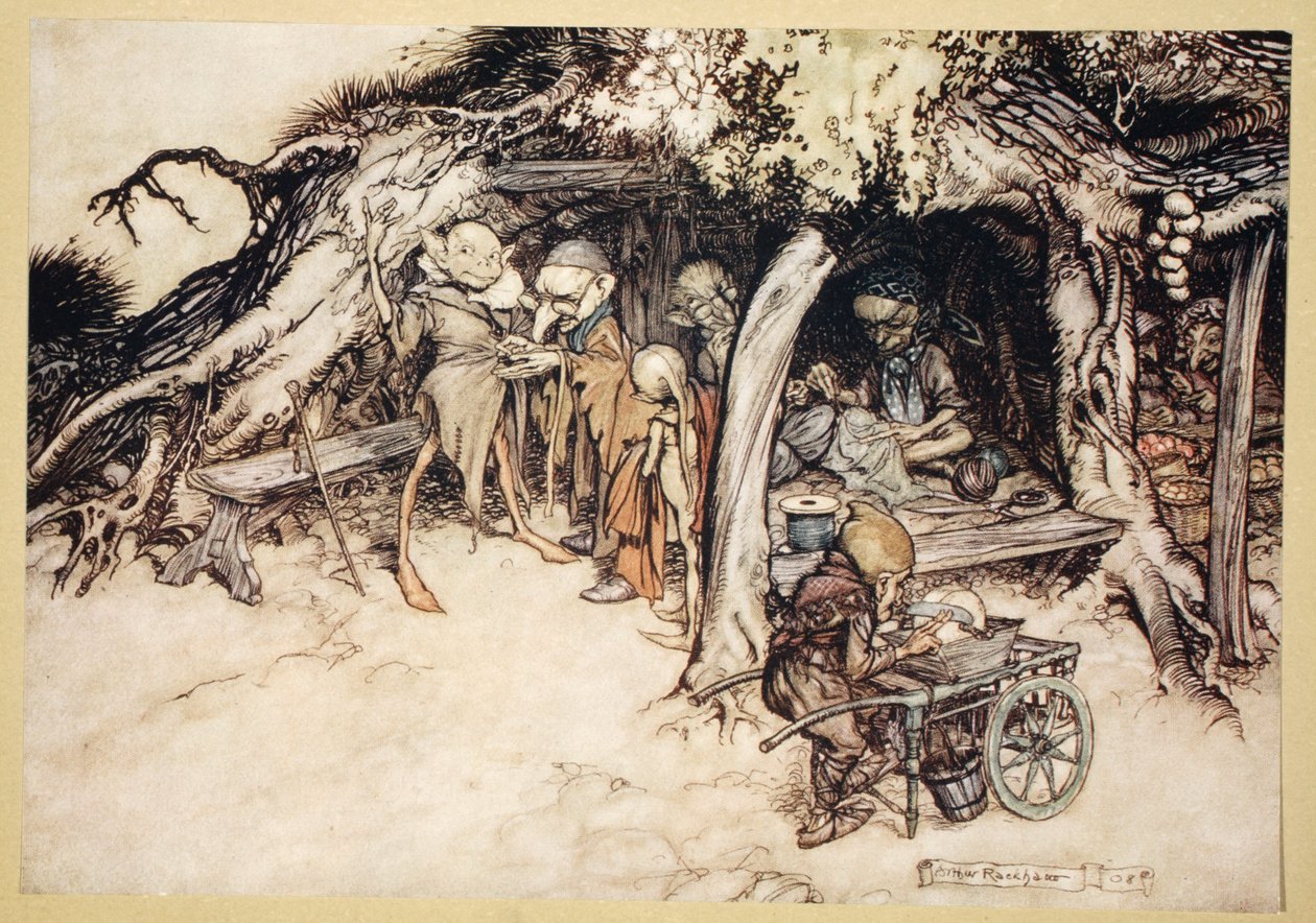 为了让我的小精灵外套，1908年威廉·莎士比亚的“仲夏夜之梦”中的插图 作者 亚瑟·拉克汉姆（Arthur Rackham）
