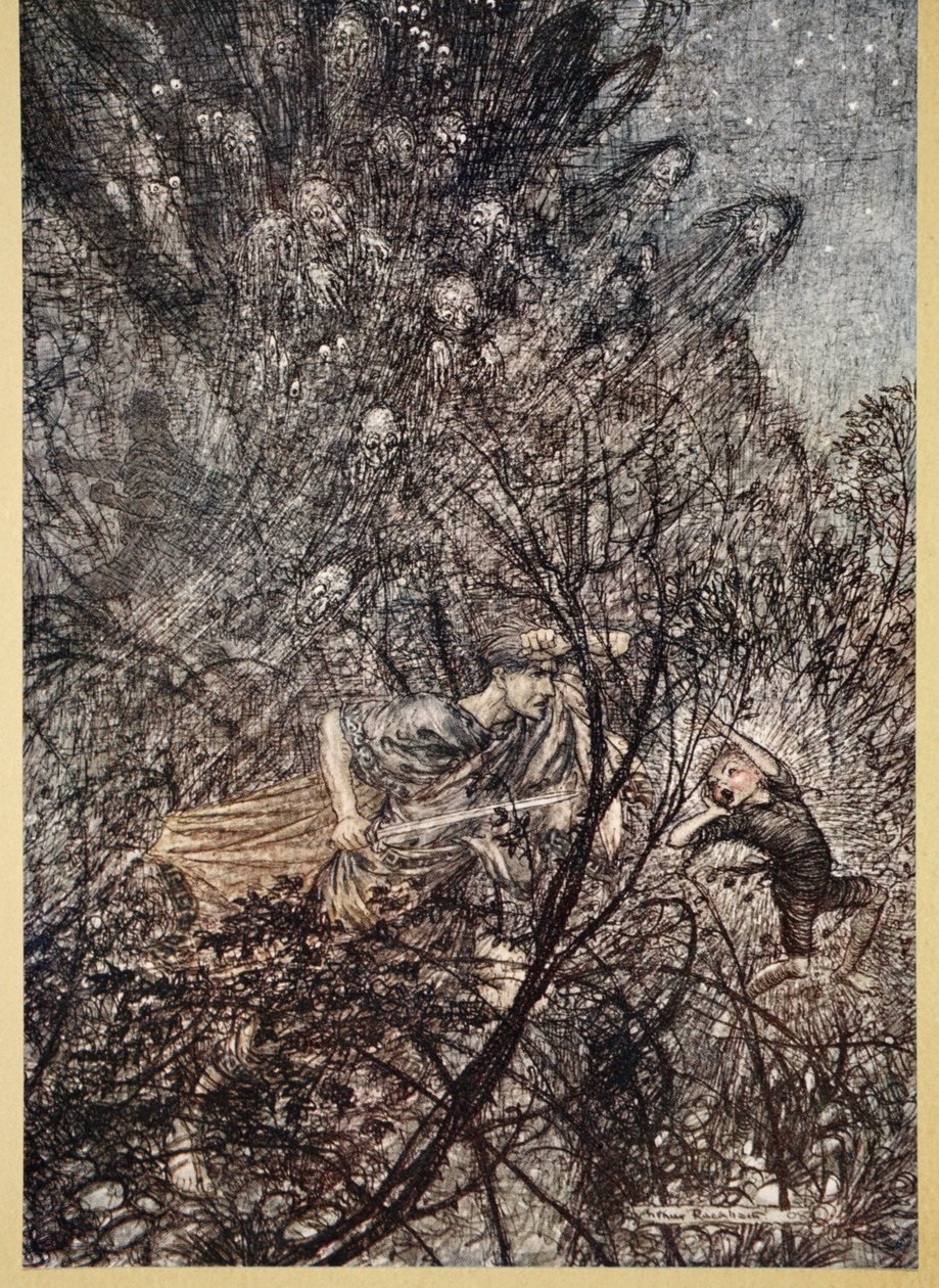 上下，上下，地精，引导他们上下，来自威廉·莎士比亚的“仲夏夜之梦”插图，1908年 作者 亚瑟·拉克汉姆（Arthur Rackham）
