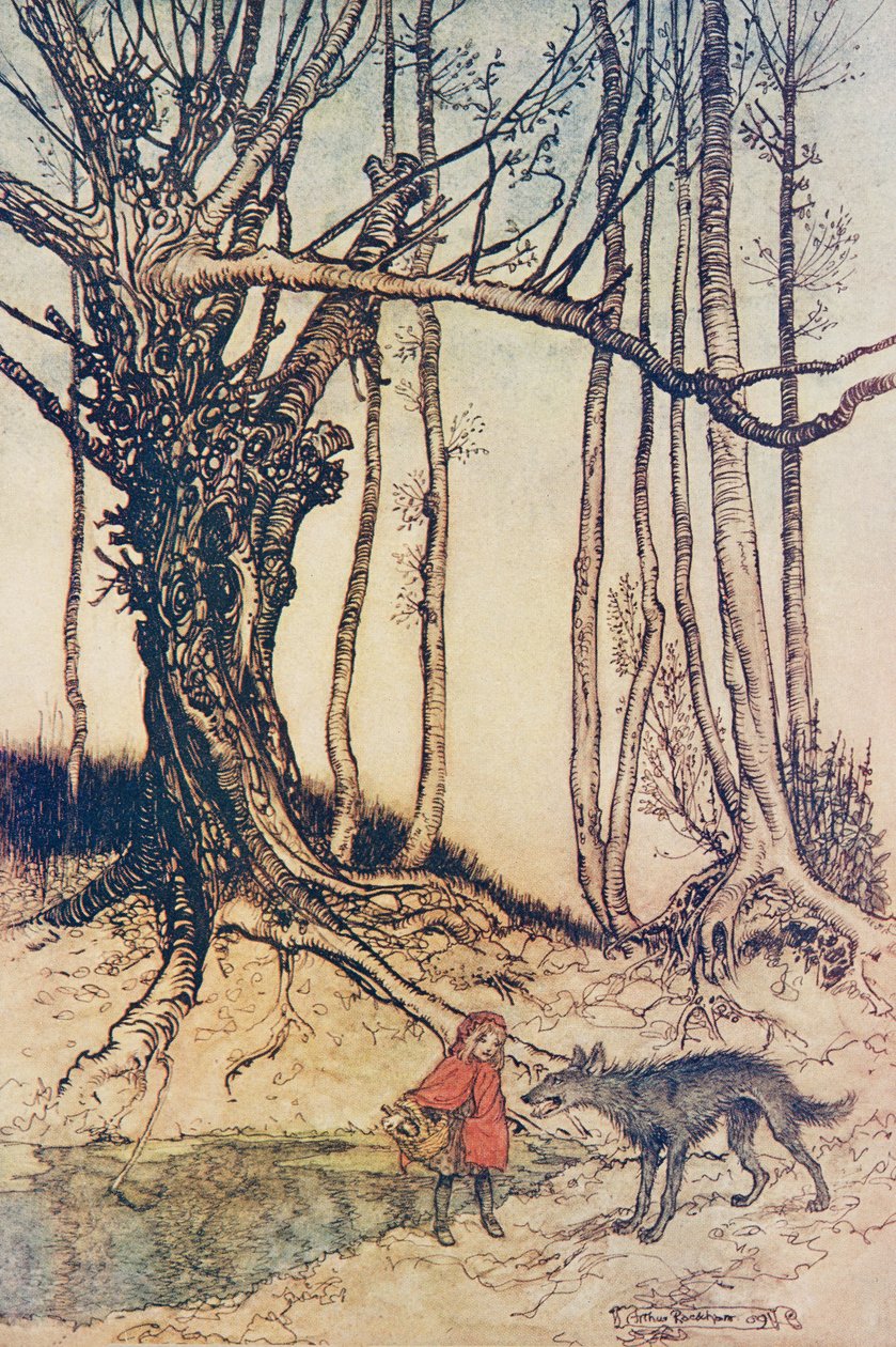 当她到达木头时，她遇到了一只狼......，来自格林兄弟的童话故事，酒吧。 1909年 作者 亚瑟·拉克汉姆（Arthur Rackham）