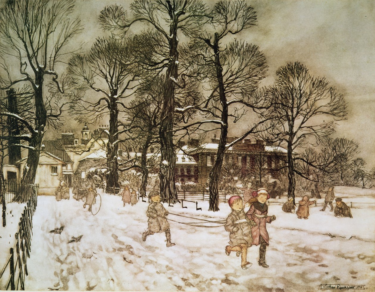 肯尼顿花园的冬天来自肯辛顿花园的&39;彼得潘&39;，JM Barrie，1906年 作者 亚瑟·拉克汉姆（Arthur Rackham）