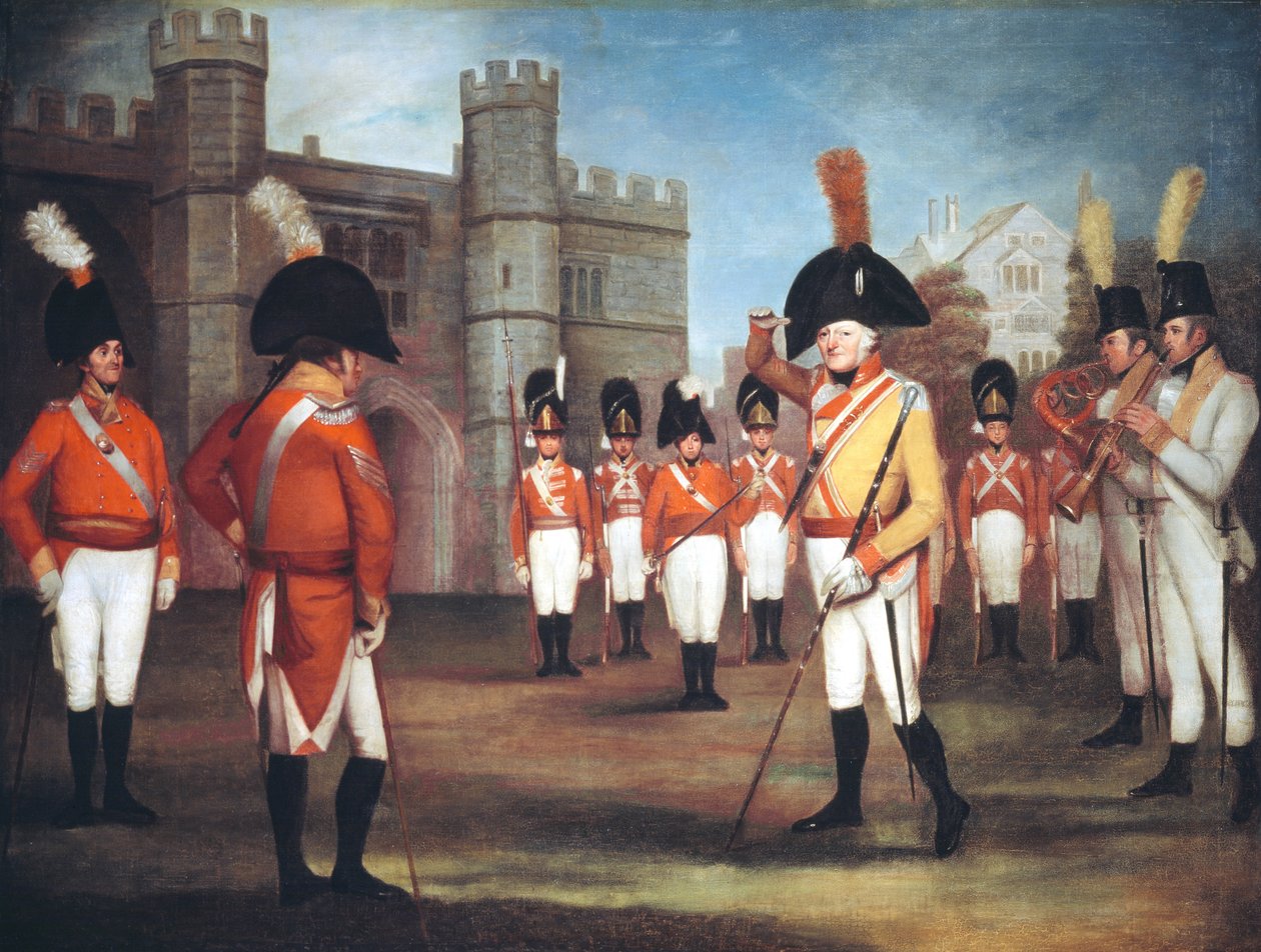 斯塔福德郡民兵在温莎城堡游行，c.1804 作者 亚瑟·戴维斯（Arthur Devis）