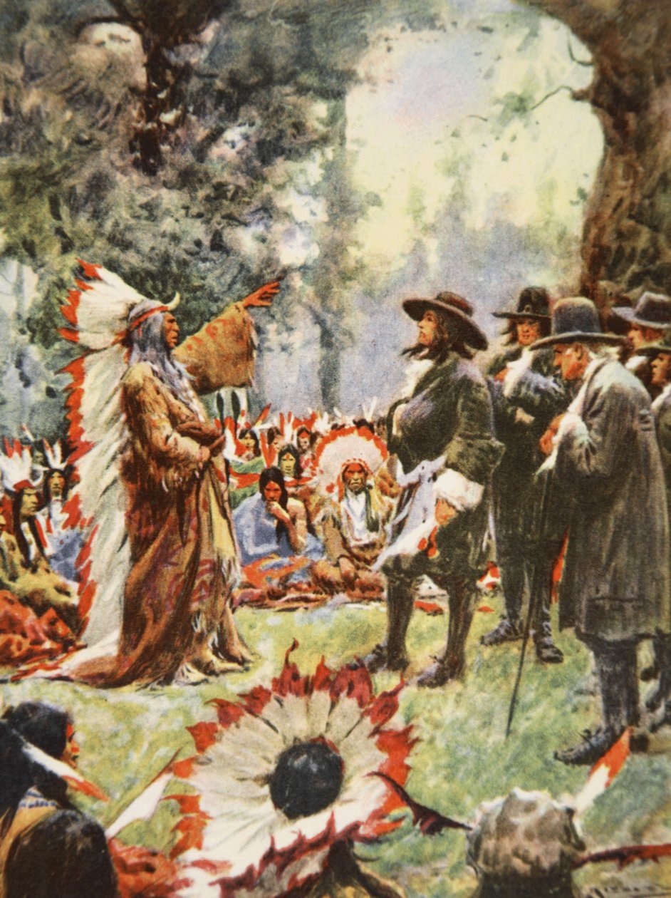 威廉-潘与印第安人签订的条约，插图选自 H.E. Marshall 所著《我们这个国家，美国的故事》。 作者 亚瑟 C.（后）迈克尔
