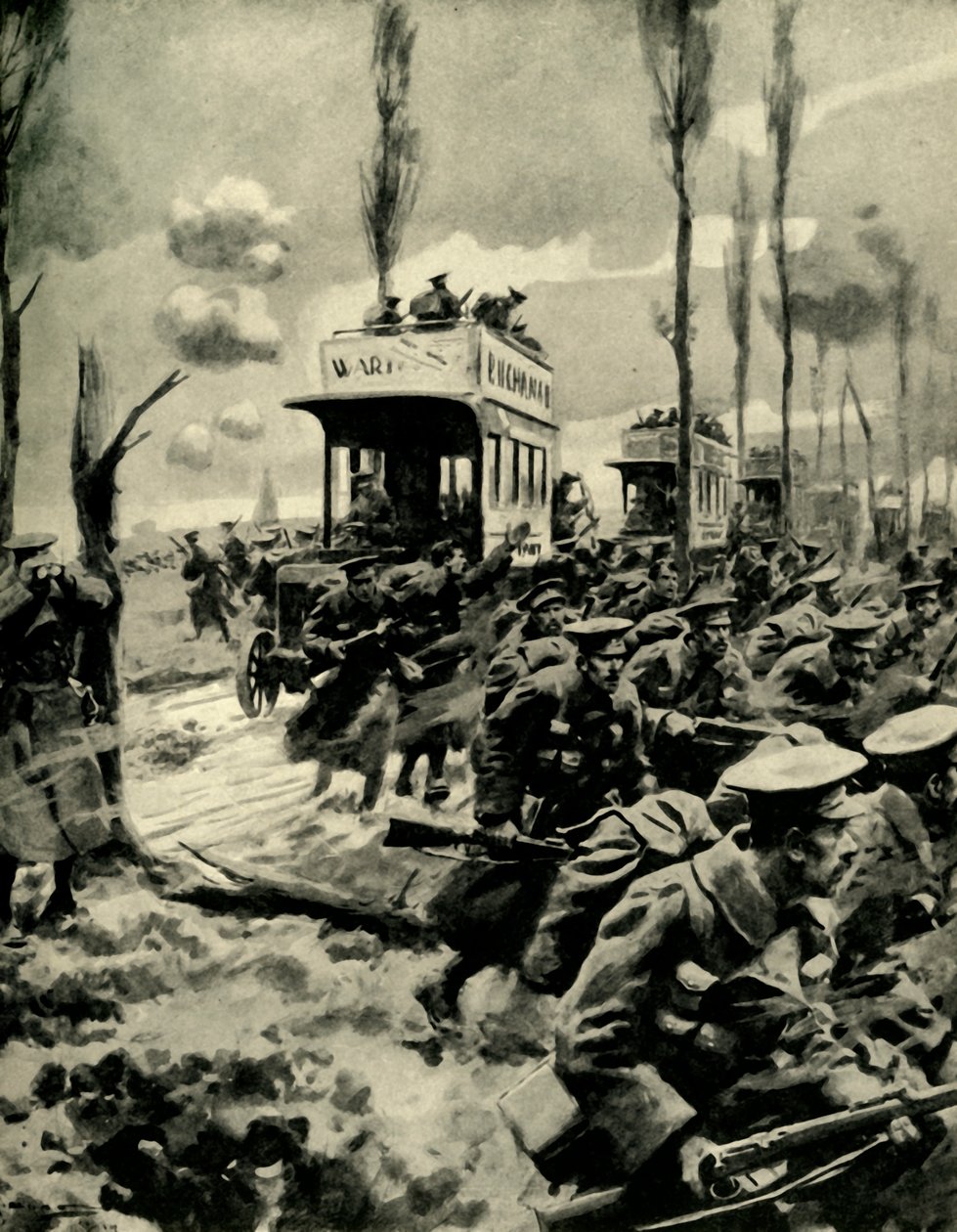 第一次世界大战，1914-1918，c1920年是用来将部队运送到前线的伦敦巴士。 作者 亚瑟·迈克尔