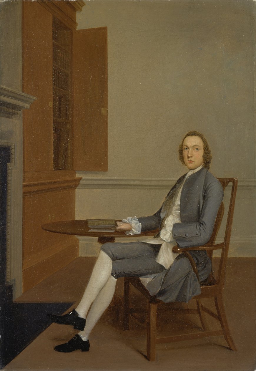 一位坐在桌子旁的无名男子，c.1744-46（布面油画） 作者 亚瑟·戴维斯（Arthur Devis）