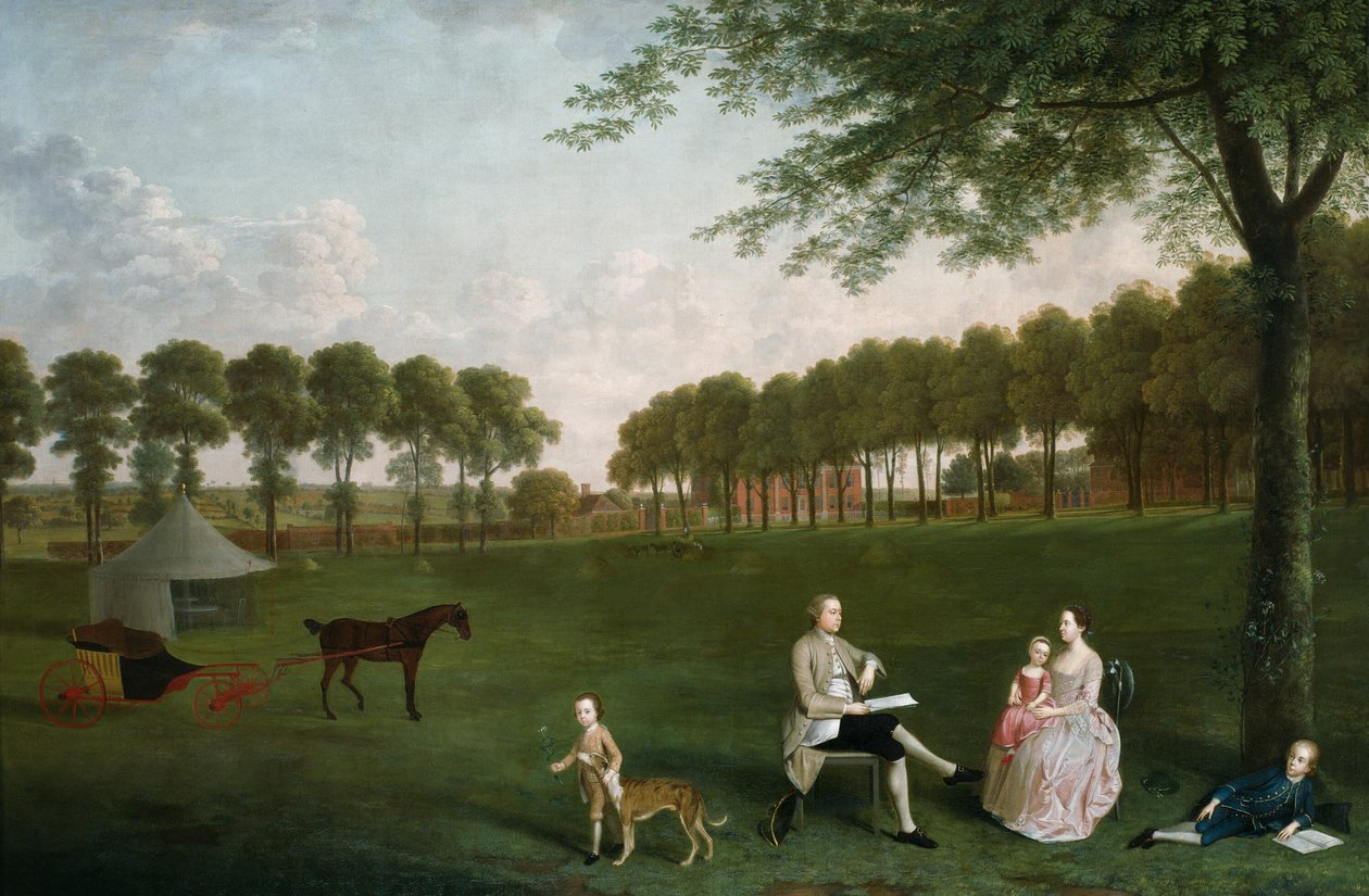 约翰-肖爵士和他的家人在肯特郡Eltham Lodge的公园，1761年。 作者 亚瑟·戴维斯（Arthur Devis）