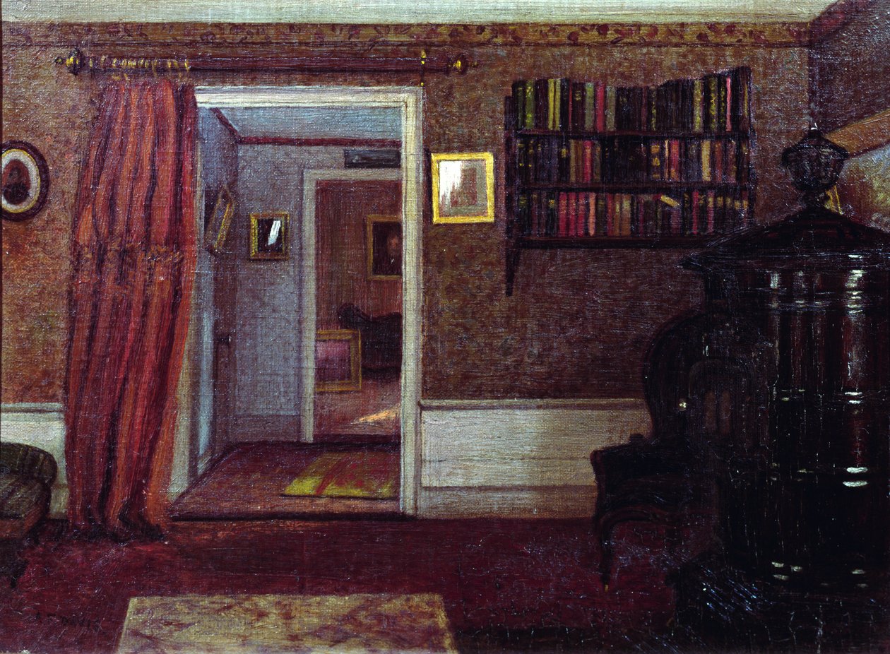 客厅的炉子，约1900年（油画板）。 作者 亚瑟·戴维斯（Arthur F. Davies）