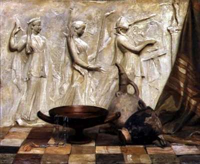 希腊门楣旁的Skyphos、Kylix、酒壶和埃及项链（布面油画） 作者 亚瑟·哈克