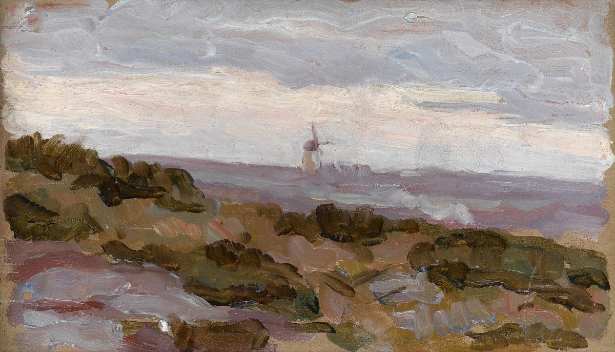 与风车的风景研究在天际，c.1900 作者 亚瑟·海索恩·斯塔德