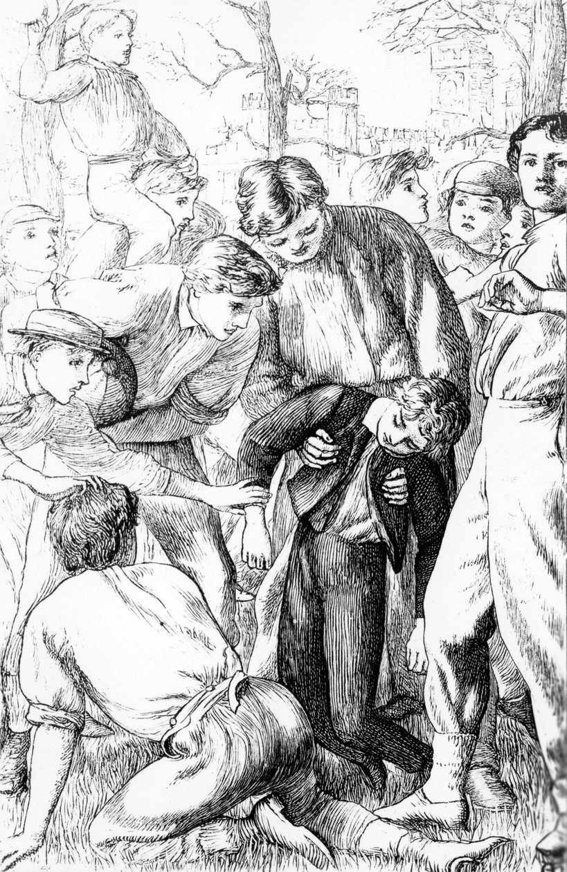汤姆在足球界的第一次利用，来自托马斯·休斯（1822-96）的“汤姆布朗的学校日”插图，1869年版 作者 亚瑟·休斯