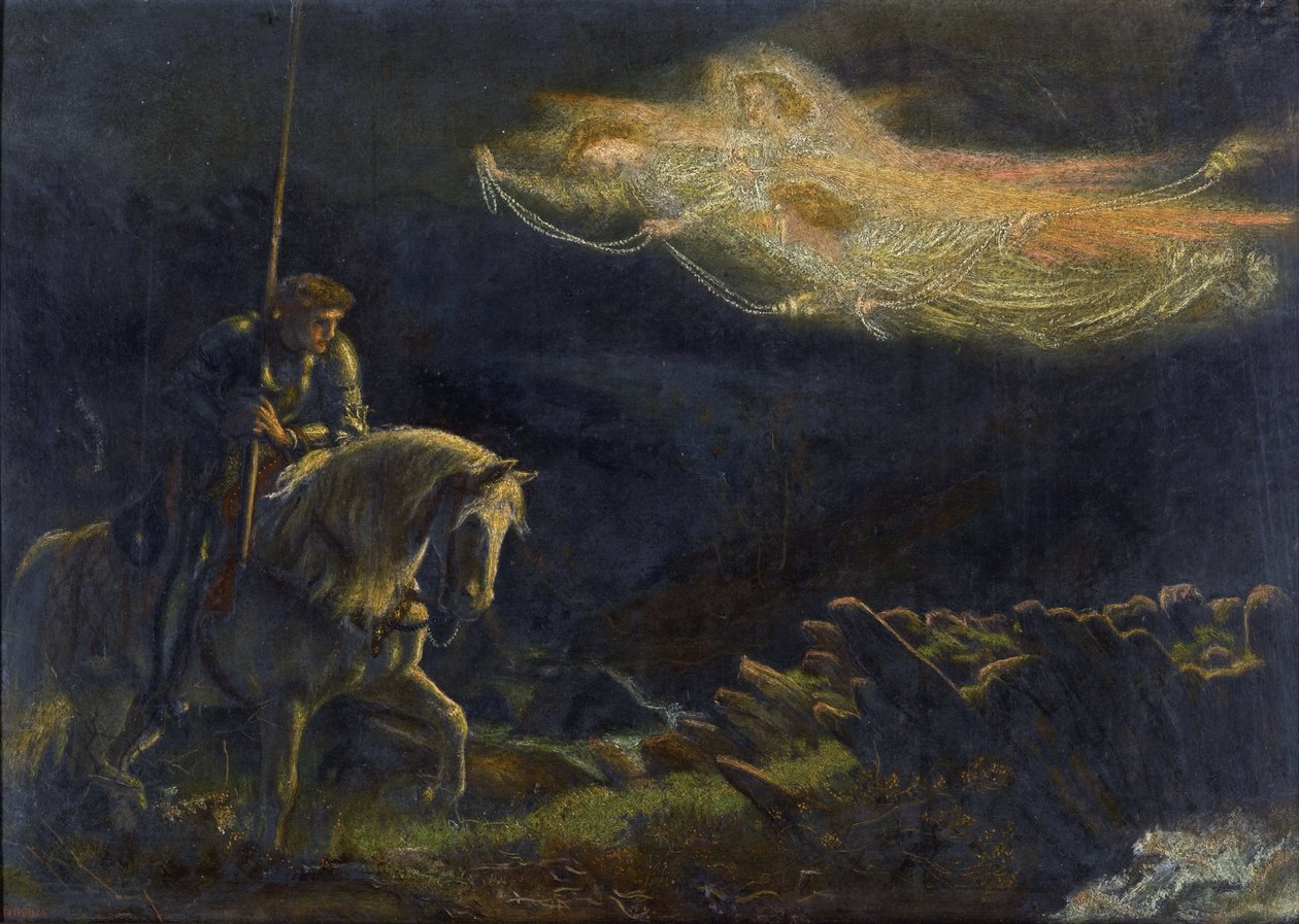加拉哈德爵士。 圣格拉尔之夜 加拉哈德爵士。 亚瑟·休斯 (Arthur Hughes) 的圣杯探索 (1832-1915) - 木板油画，30,5x43 - 私人收藏 作者 亚瑟·休格斯