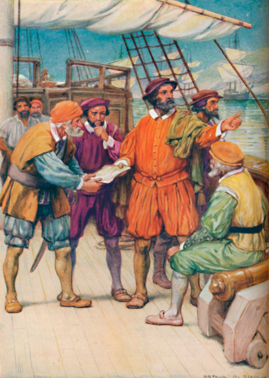 麦哲伦（Magellan）咨询他的导航员c1925 作者 亚瑟·珀西·迪克森