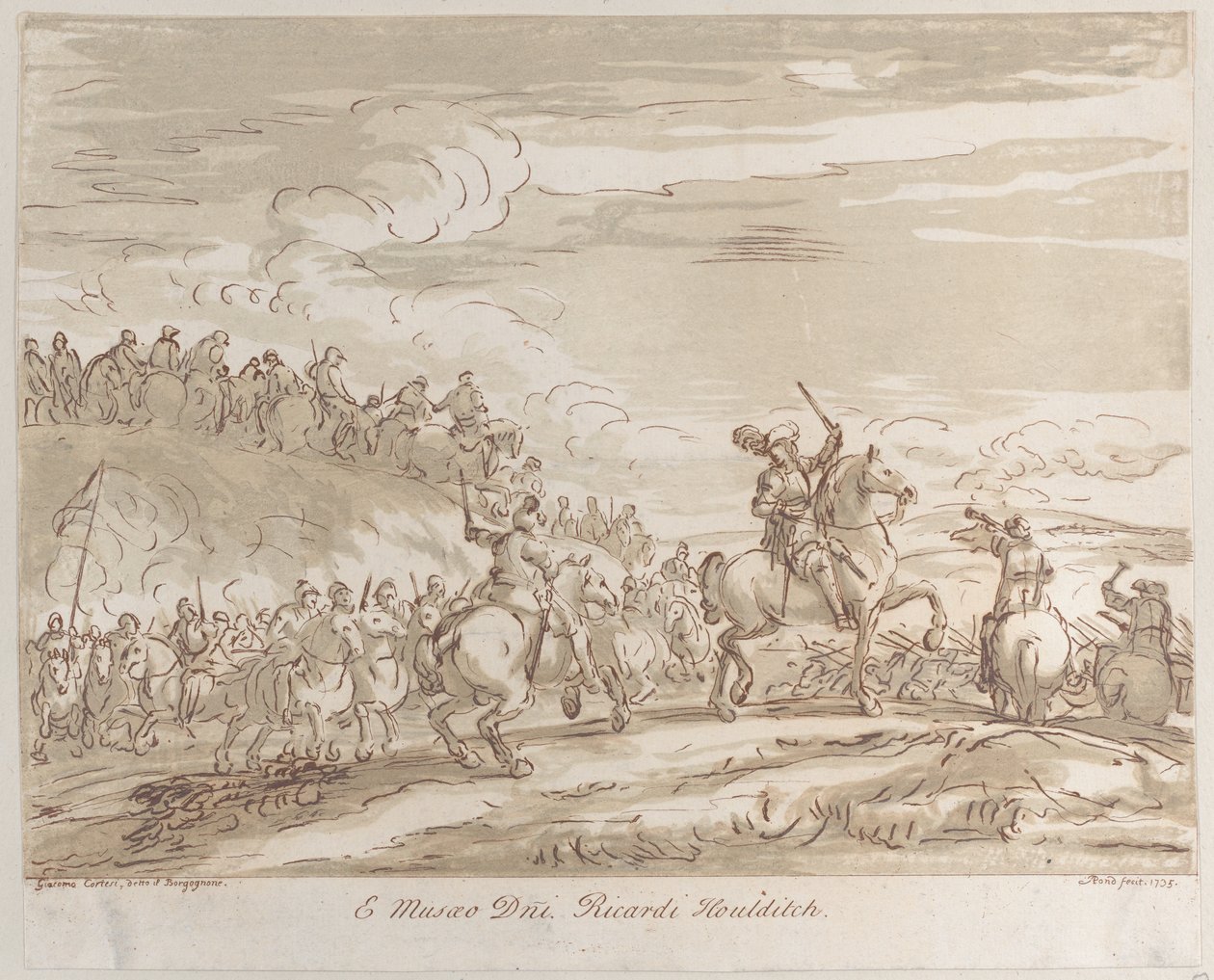 骑兵前进冲锋，中央人物在马背上举起剑，1735年。，1735年。 作者 亚瑟·庞德