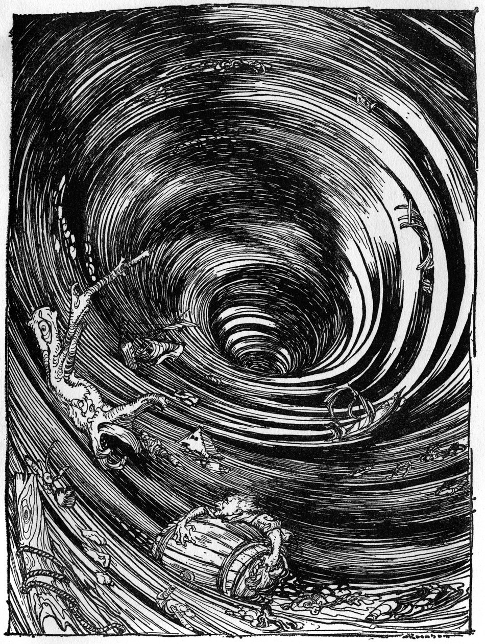 埃德加-爱伦-坡的《漩涡中的后裔》（A Descent into the Maelstrom）。 作者 亚瑟·拉克汉姆（Arthur Rackham）
