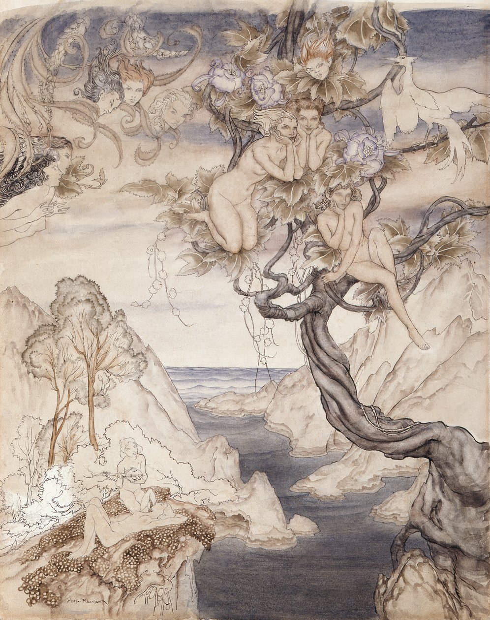 来自仲夏夜之梦（笔和墨水和纸上的第二幕，第二幕）的童话之歌 作者 亚瑟·拉克汉姆（Arthur Rackham）