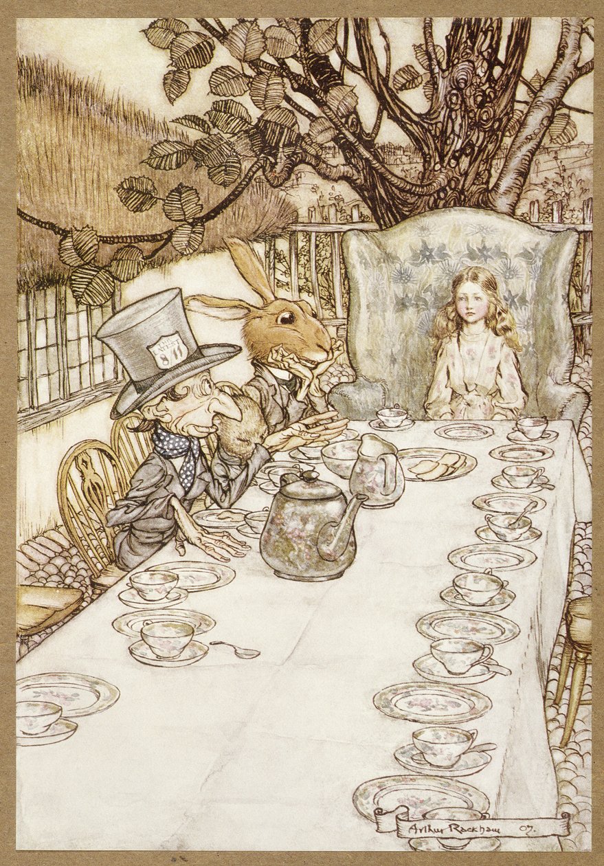 疯狂的茶会，出自《爱丽丝漫游奇境记》，作者刘易斯-卡罗尔，出版。1907年（彩色平版印刷）。 作者 亚瑟·拉克汉姆（Arthur Rackham）