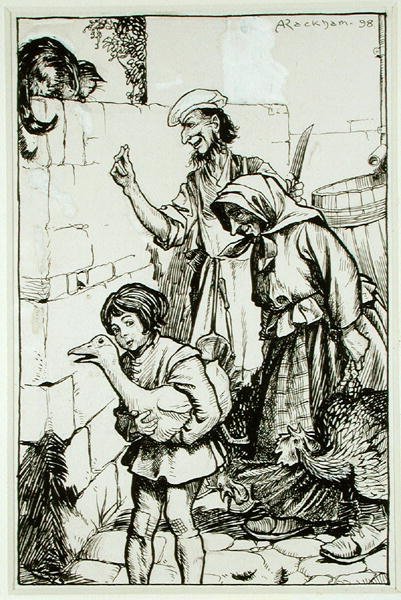 Alured Denne爵士的汤姆猫，插图来自《英戈兹比传奇，或欢乐与奇迹》，作者托马斯-英戈兹比，1898年出版（纸上笔墨）。 作者 亚瑟·拉克汉姆（Arthur Rackham）