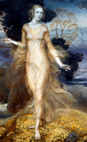 花园里的年轻女子》，约1920年（纸上水彩）。 作者 亚瑟·拉克汉姆（Arthur Rackham）