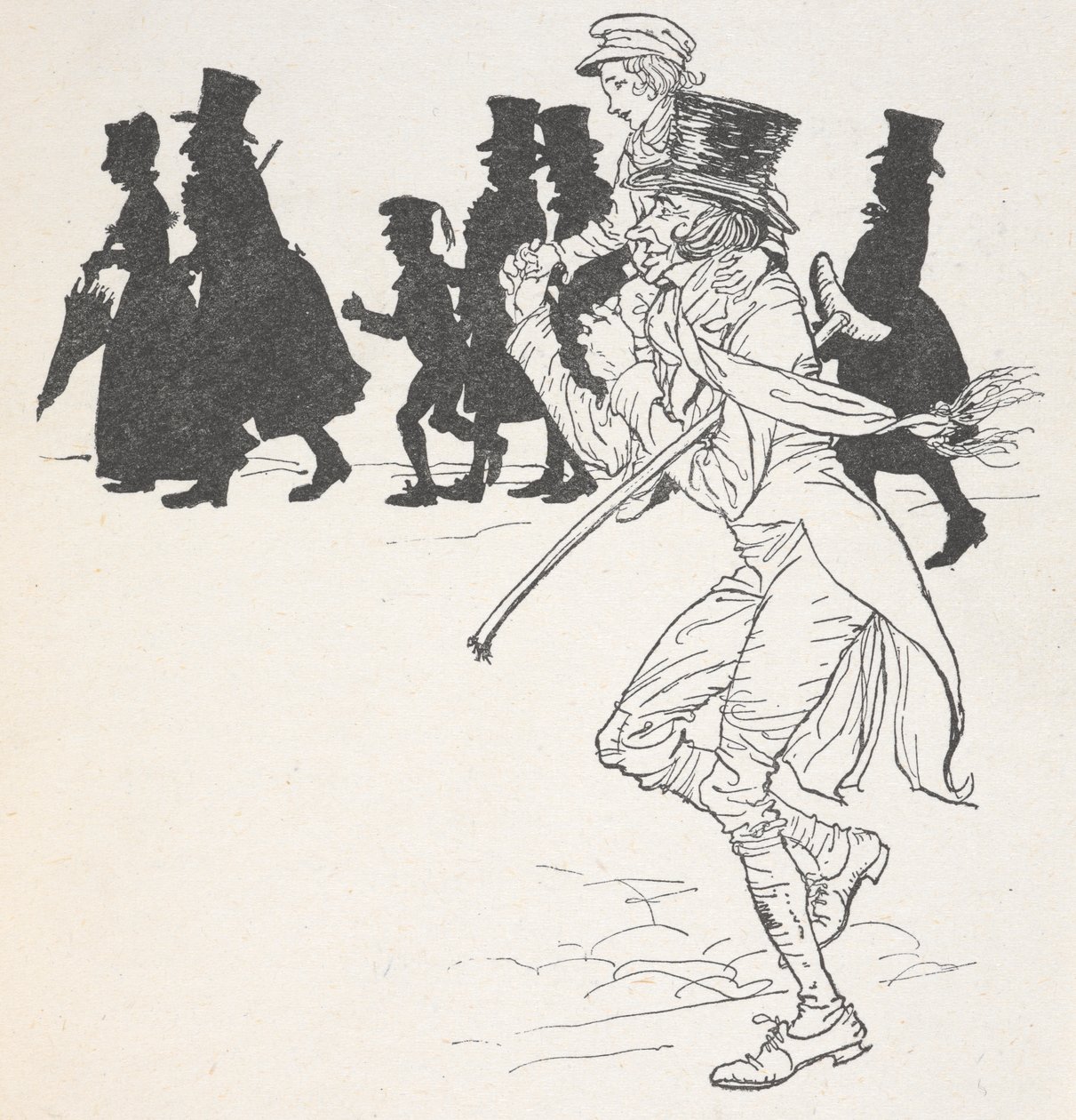 一个男孩被男人扛在肩上 作者 亚瑟·拉克汉姆（Arthur Rackham）