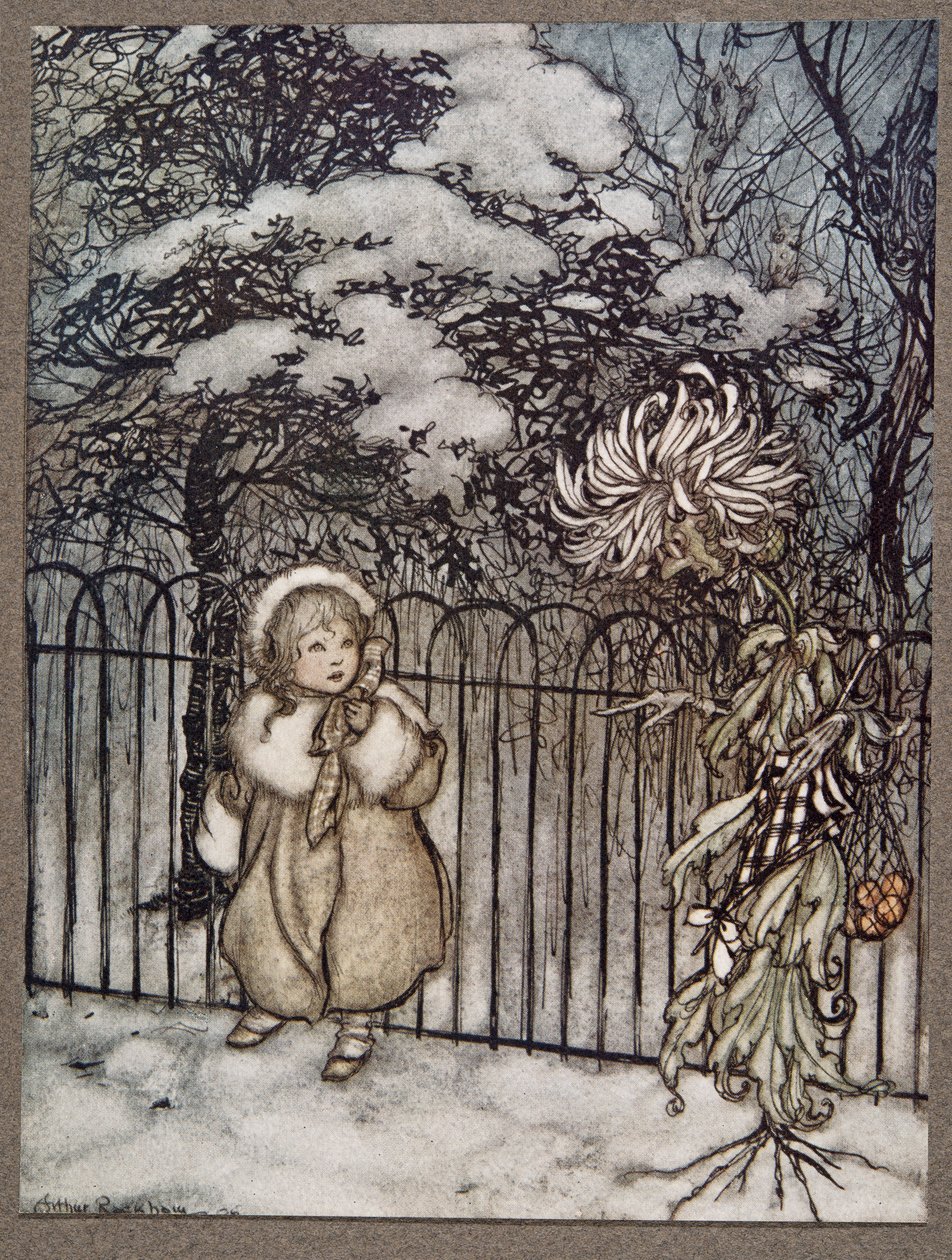 一只菊花听到了她，并且尖锐地说道，这是什么？，来自JM Barrie（1860  -  1937），酒吧的肯辛顿花园的Peter Pan。 1906年 作者 亚瑟·拉克汉姆（Arthur Rackham）