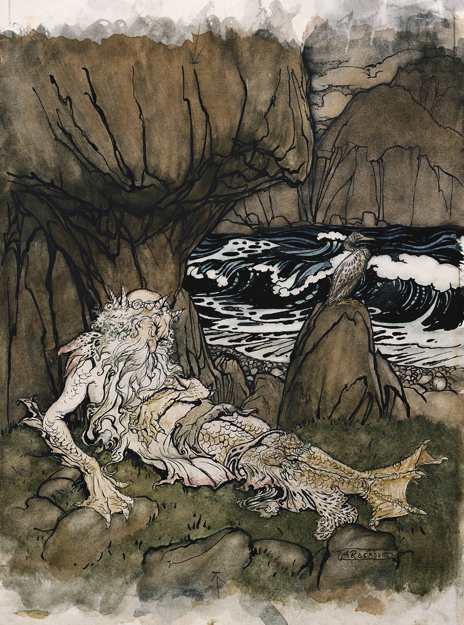 加冕的“人鱼”，睡在多岩石的海岸上的海神 作者 亚瑟·拉克汉姆（Arthur Rackham）