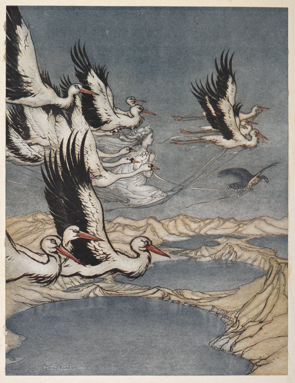 一群鸟在马尔伯爵的女儿婚礼前夕带走了她 作者 亚瑟·拉克汉姆（Arthur Rackham）