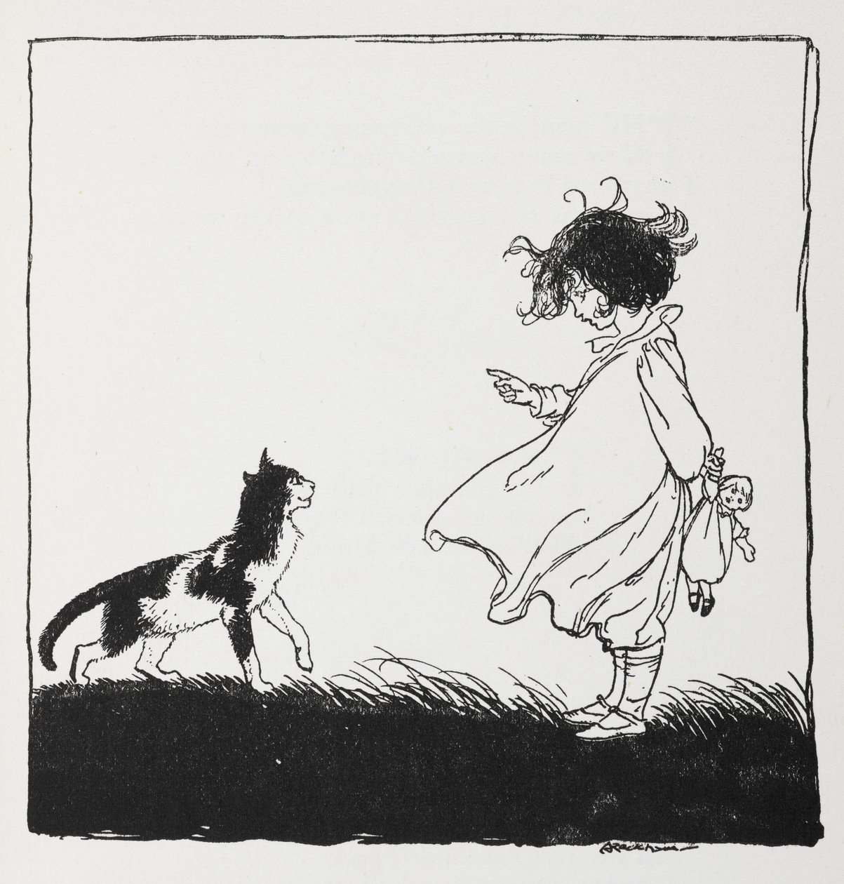 一个抱着洋娃娃的女孩向她的猫告状。 作者 亚瑟·拉克汉姆（Arthur Rackham）