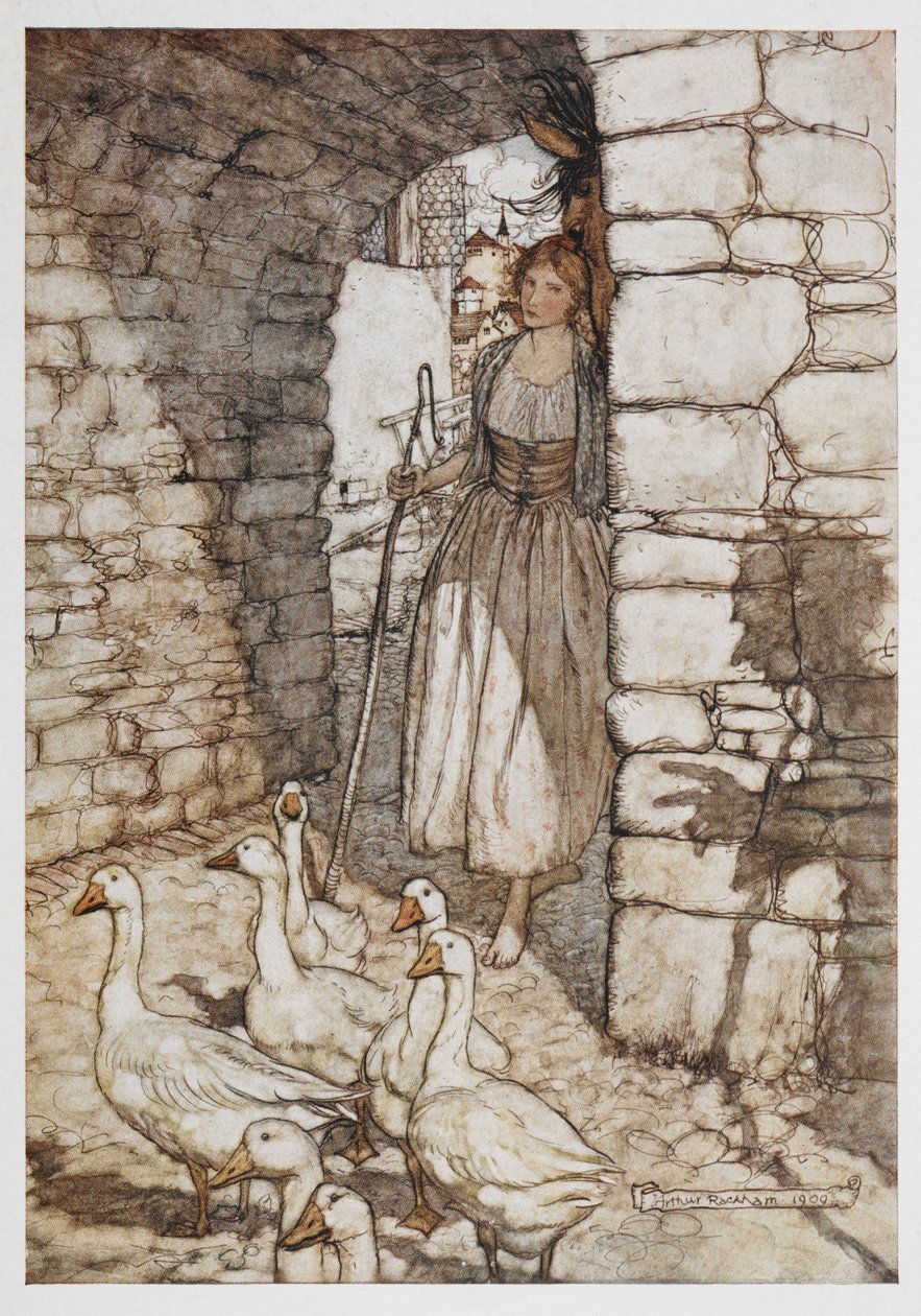 一个女孩与鹅。 作者 亚瑟·拉克汉姆（Arthur Rackham）