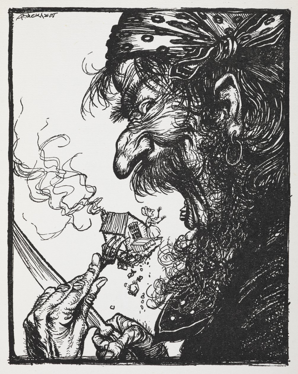 一个大男人吃掉了一个小女人和她的房子。 作者 亚瑟·拉克汉姆（Arthur Rackham）