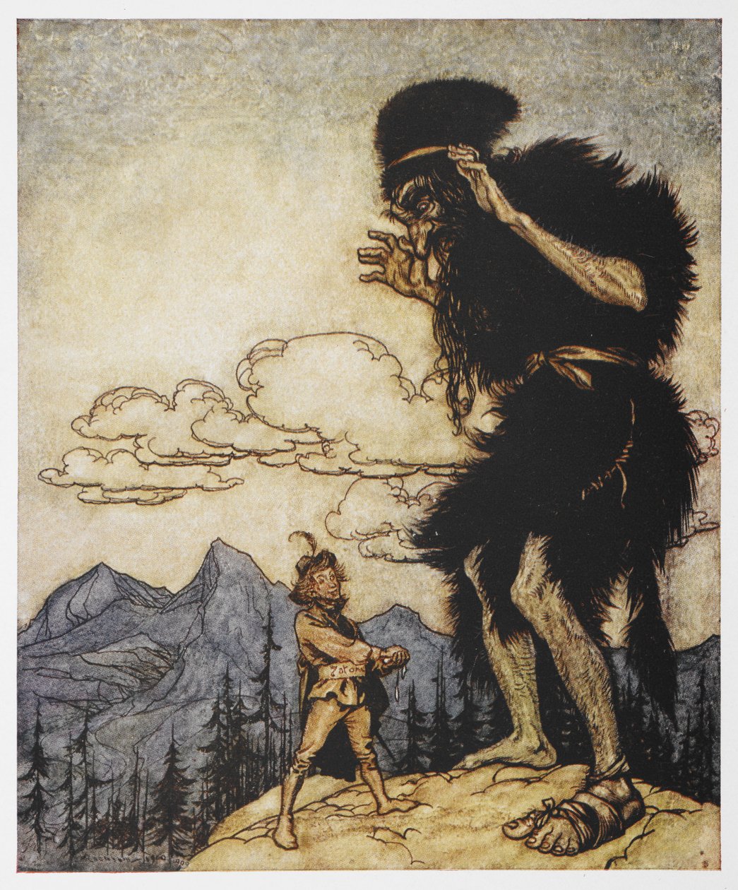 勇敢的裁缝》中的一个男人和一个巨人 作者 亚瑟·拉克汉姆（Arthur Rackham）