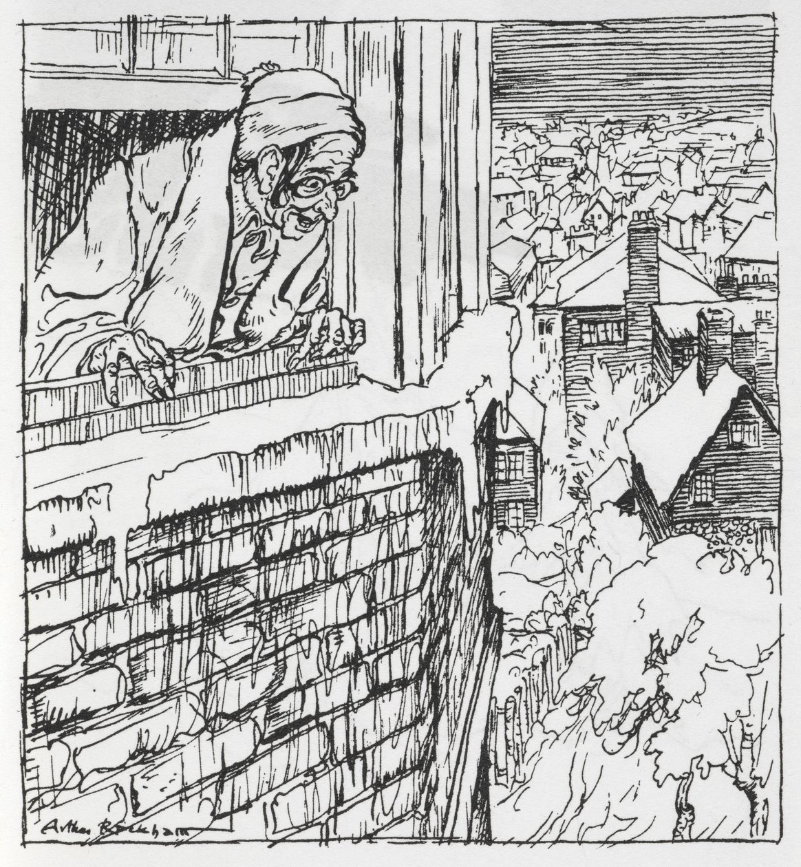 一个男人看着窗外 作者 亚瑟·拉克汉姆（Arthur Rackham）