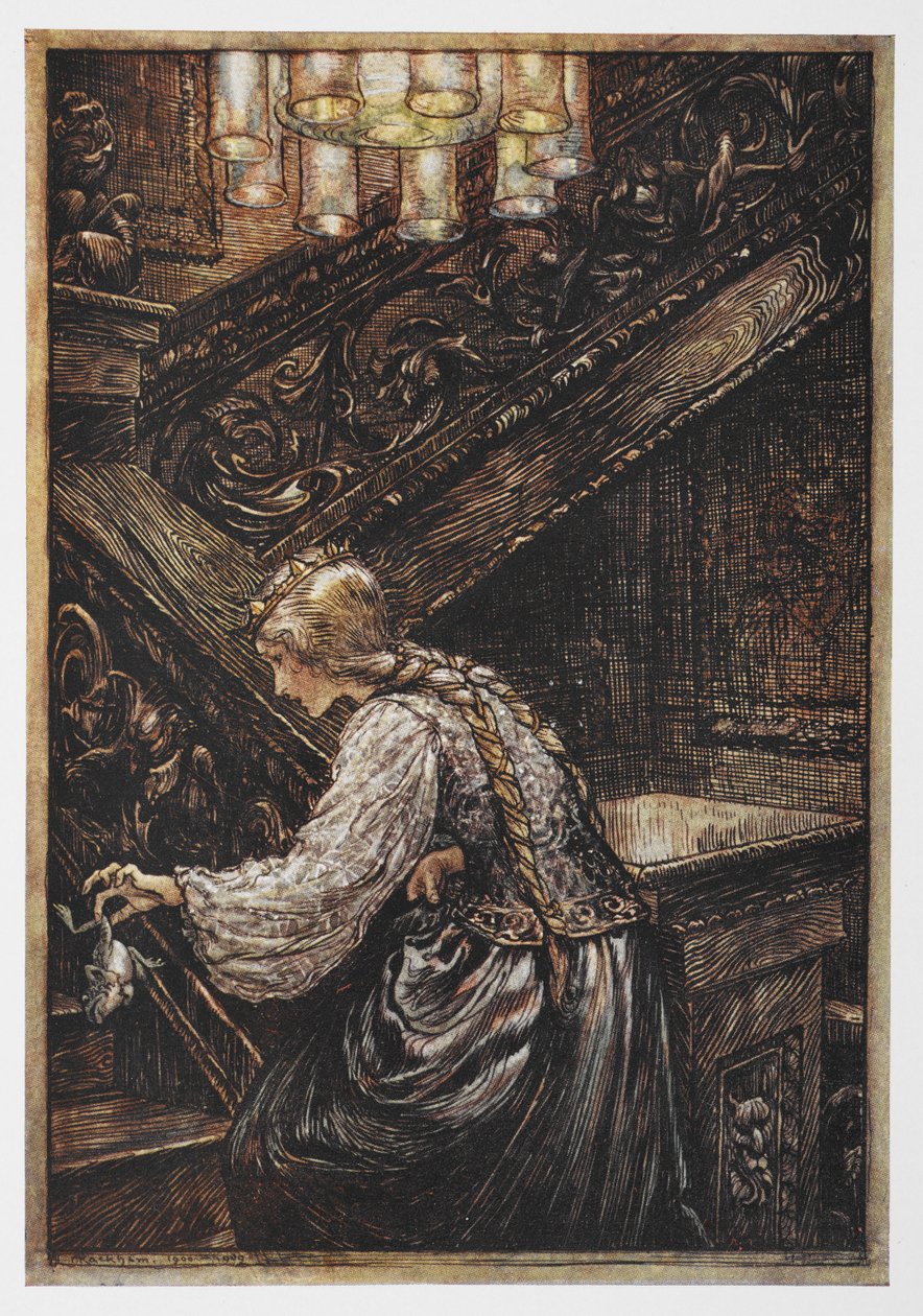 公主抱着《青蛙王子》中的青蛙。 作者 亚瑟·拉克汉姆（Arthur Rackham）