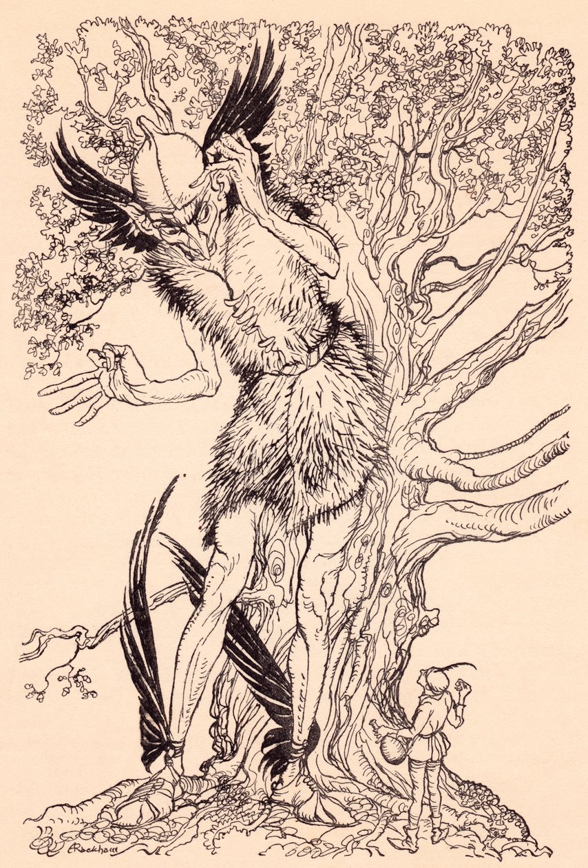 一个可怕的家伙，有他站着的那棵树一半那么大。亚瑟-拉克姆根据格林童话《玻璃瓶里的精灵》绘制的插图。 作者 亚瑟·拉克汉姆（Arthur Rackham）