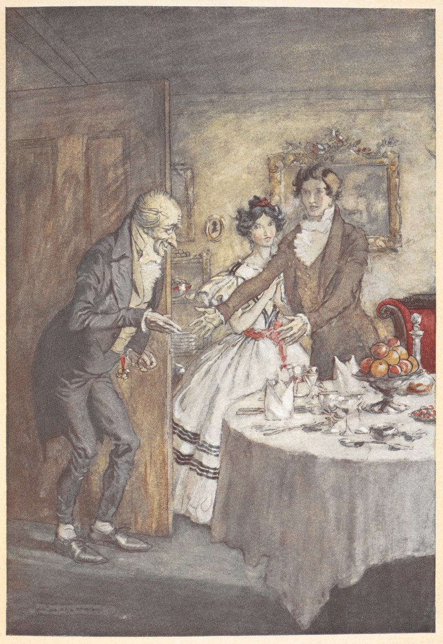 一对年轻男女在餐厅欢迎史古治用餐 作者 亚瑟·拉克汉姆（Arthur Rackham）