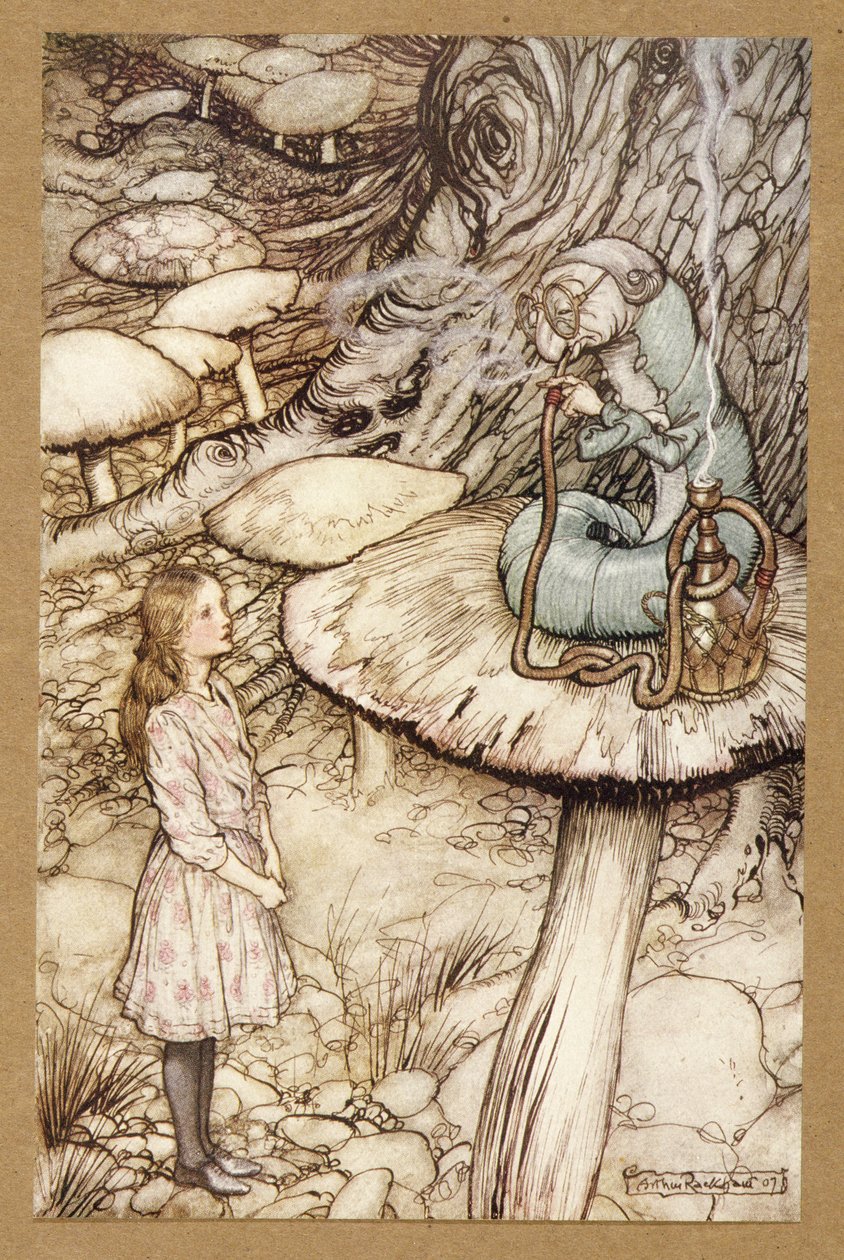 来自卡特彼勒的建议，来自Alices Adventures in Wonderland，作者：Lewis Carroll，pub.1907 作者 亚瑟·拉克汉姆（Arthur Rackham）