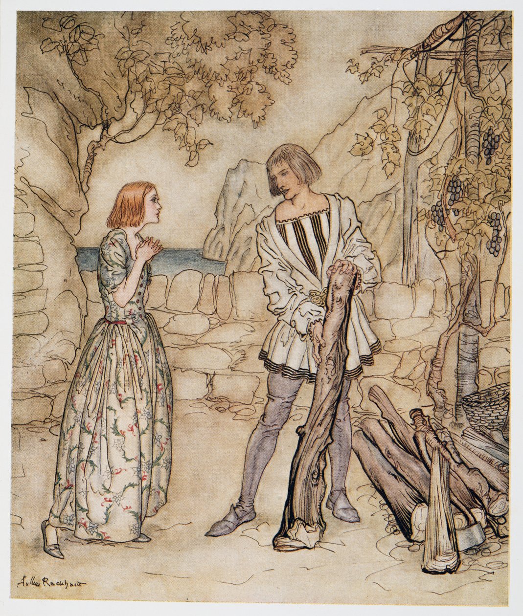 唉，现在，祈祷你，工作不那么努力，来自William Shakespeares The Tempest，pub的插图。 1926年 作者 亚瑟·拉克汉姆（Arthur Rackham）