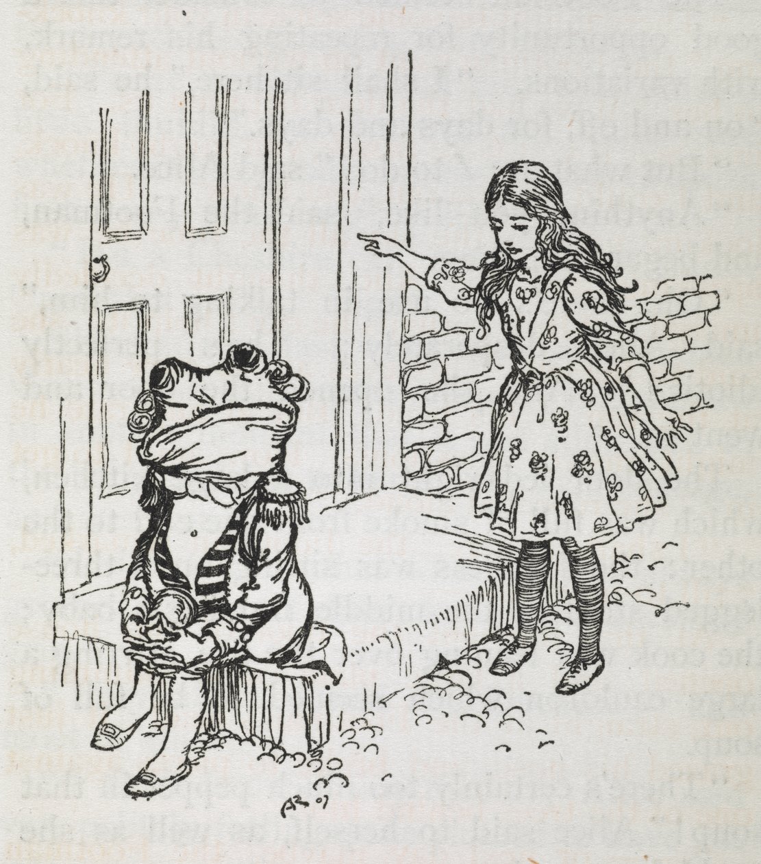 爱丽丝和一只装扮成男仆的青蛙 作者 亚瑟·拉克汉姆（Arthur Rackham）