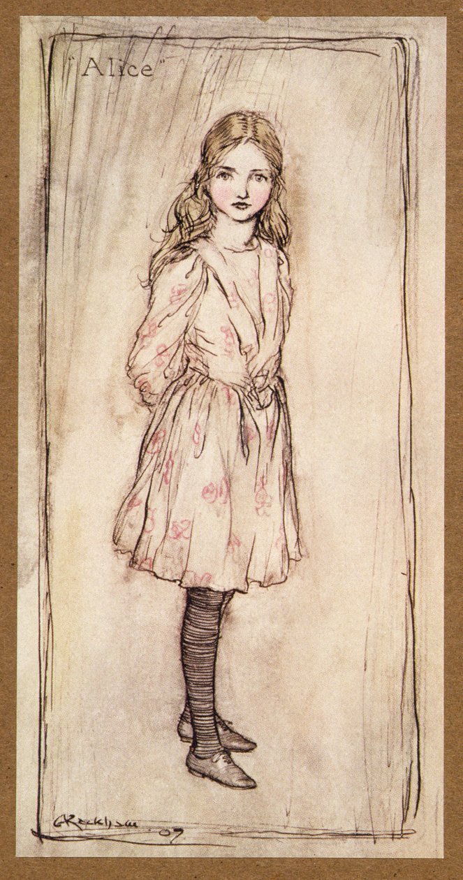 爱丽丝，来自Alices Adventures in Wonderland的正面作品，作者：Lewis Carroll，pub.1907 作者 亚瑟·拉克汉姆（Arthur Rackham）