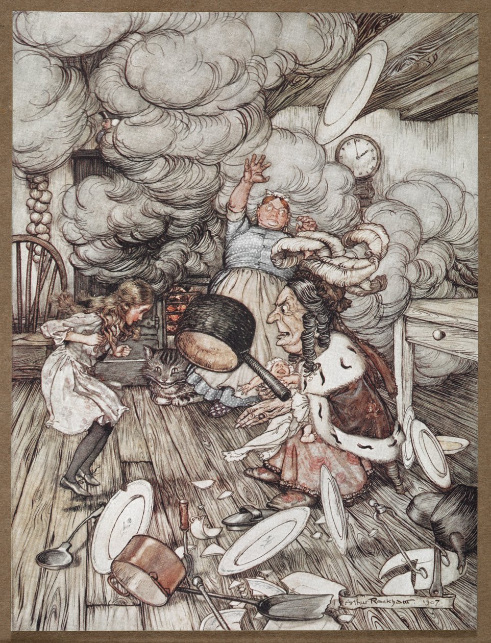 爱丽丝与公爵夫人、厨师和柴郡猫一起下厨房 作者 亚瑟·拉克汉姆（Arthur Rackham）