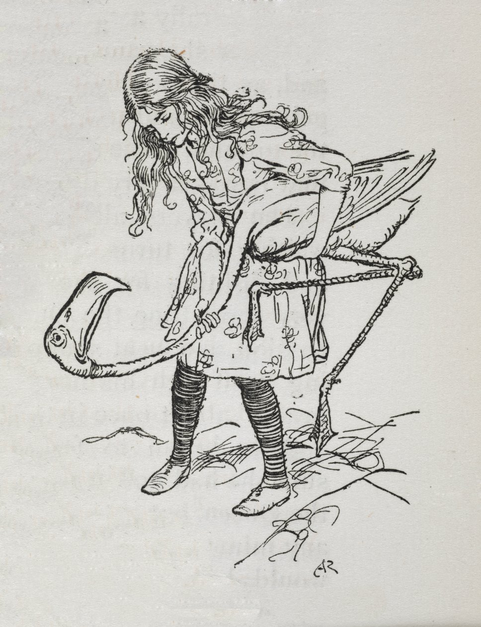 爱丽丝和火烈鸟玩槌球 作者 亚瑟·拉克汉姆（Arthur Rackham）