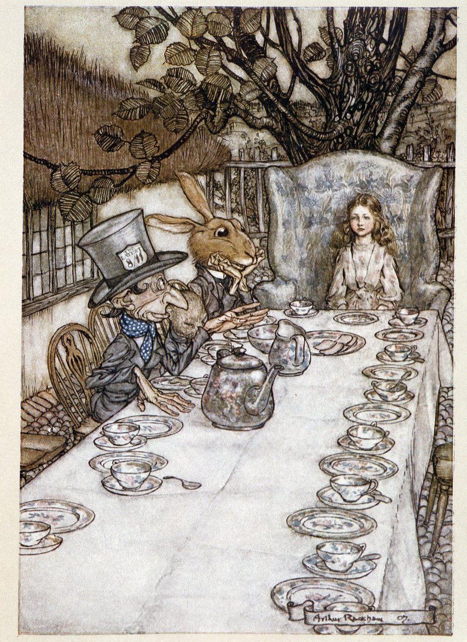 爱丽丝拿了“傻瓜中的””（The Hatter and the Mars Lievre）——在“爱丽丝梦游仙境”中，刘易斯卡罗尔，生病了。 亚瑟·拉克姆 (1867-1939) 作者 亚瑟·拉克汉姆（Arthur Rackham）
