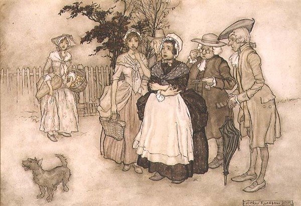 所有人都惊呆了，华盛顿-欧文（1783-1859）的《瑞普-凡-温克尔》中的场景 1905年（笔墨，水彩）。 作者 亚瑟·拉克汉姆（Arthur Rackham）