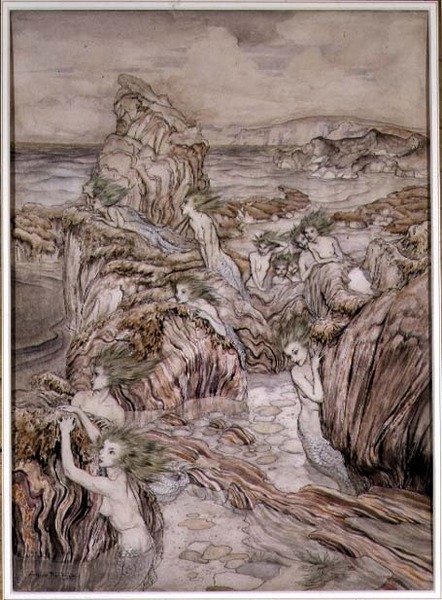 Aly，插图来自纳撒尼尔-霍桑的《三个金苹果》一书，由Hodder and Stoughton出版（纸上笔墨、水彩）。 作者 亚瑟·拉克汉姆（Arthur Rackham）