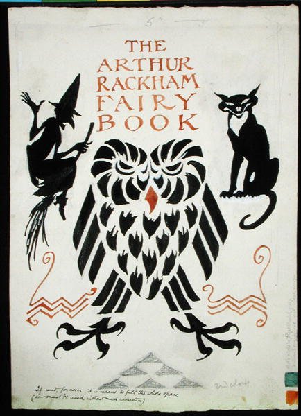 猫头鹰、女巫和她的猫，《阿瑟-拉克姆童话书》的封面，1933年出版（纸上水彩、体彩和铅笔的笔墨）。 作者 亚瑟·拉克汉姆（Arthur Rackham）