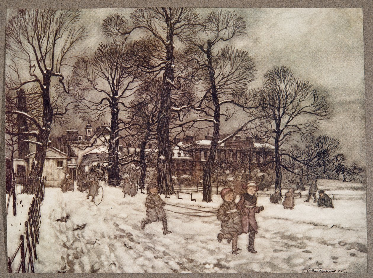 一个下午，当花园白雪皑皑，来自JM Barrie（1860  -  1937）肯辛顿花园的小飞侠，酒吧。 1906年 作者 亚瑟·拉克汉姆（Arthur Rackham）