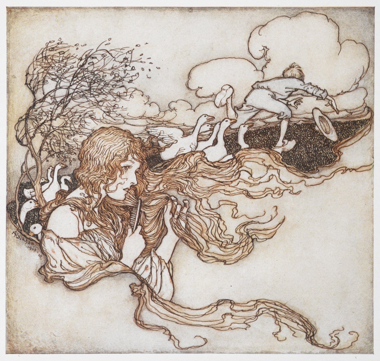 一幅女孩梳头的插图，背景是鹅和一个男孩，选自《鹅姑娘》。 作者 亚瑟·拉克汉姆（Arthur Rackham）
