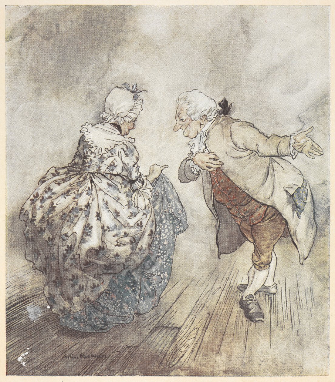 一对穿着正式服装的老夫妇即将跳舞 作者 亚瑟·拉克汉姆（Arthur Rackham）