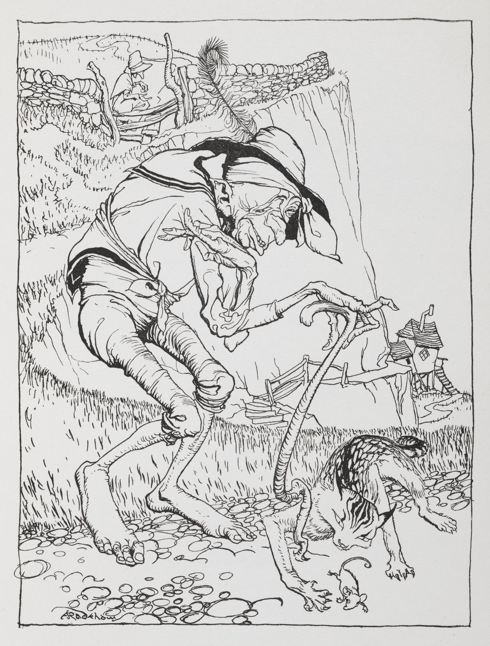 一个歪老头和他的歪猫、歪房子。 作者 亚瑟·拉克汉姆（Arthur Rackham）